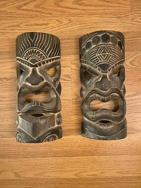 Handmade Carved Wood Hawaiian Tiki Bar Mask Set Of 2 Wall Art Home Decor